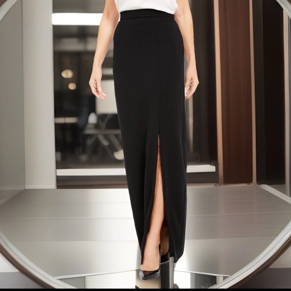 Adrianna Papell Full Length Long Skirt Side Zip SEXY Crepe Black High Slit NWT